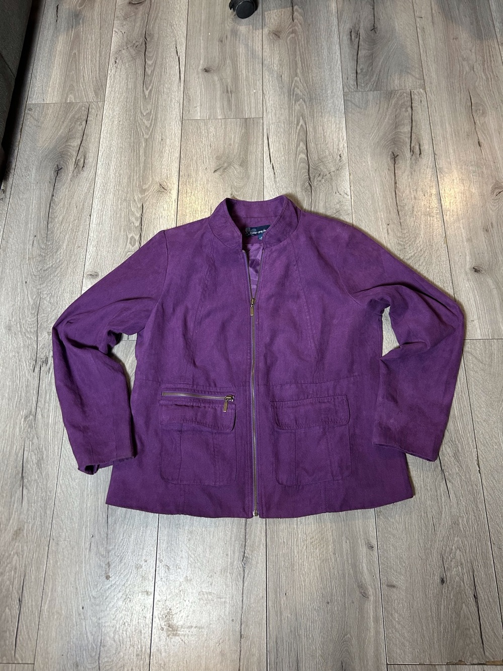 Purple Faux Suede Med Zip-Front Jacket Casual Office Chic